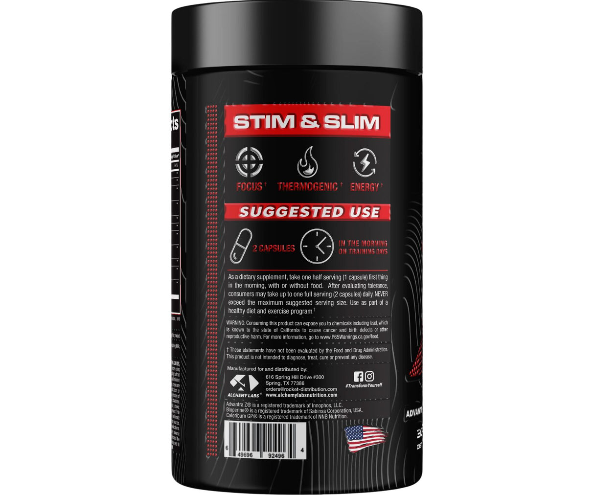 Alchemy Labs Stim & Slim Fat Burner,Back Information - 30 Servings
