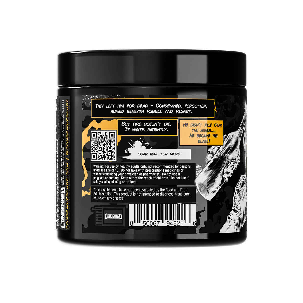 Condemned Labz Arsynist Burn Orange Blaze back label featuring product story, QR code, and usage warnings.