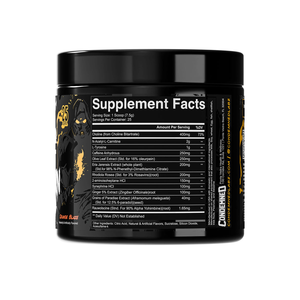 Condemned Labz Arsynist Burn Orange Blaze supplement facts label showing serving size, nutrition details, and ingredient amounts.