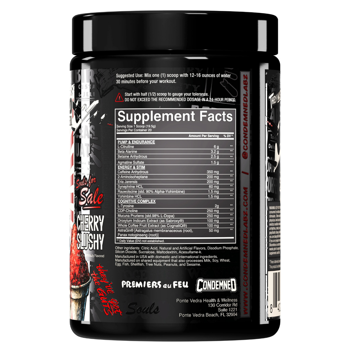 Condemned Labz Souls 4 Sale Cherry Slush container with 'Supplement Facts' label