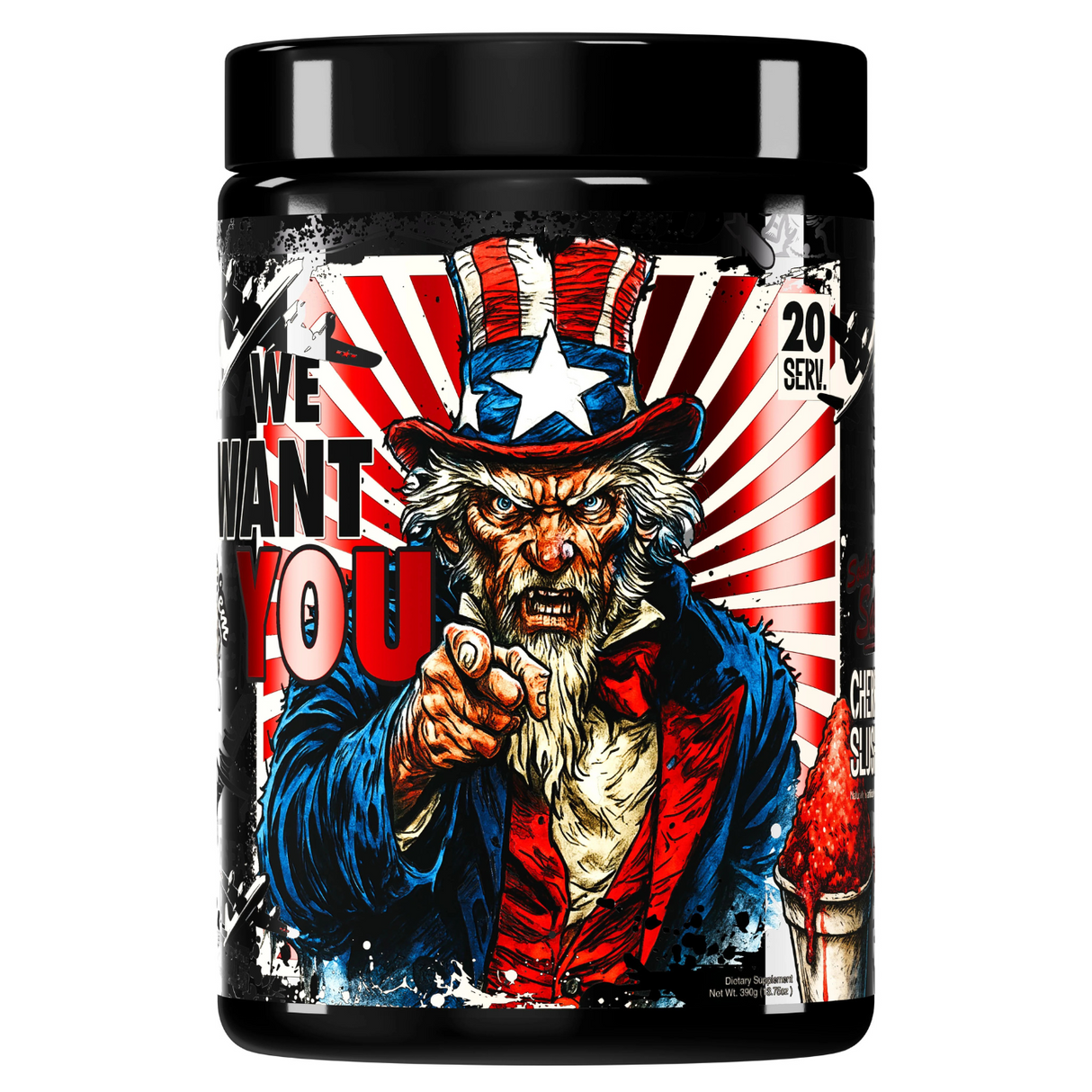 Pre-workout container with Uncle Sam graphic and 'We Want You' text on a white background.