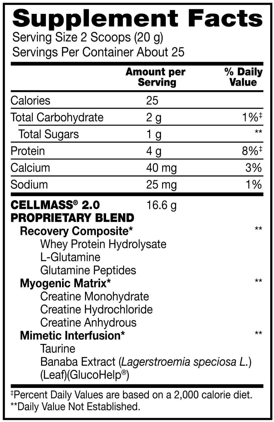 BSN CELLMASS 2.0 Post Workout Recovery with BCAA, Creatine, & Glutamine Supplement Facts