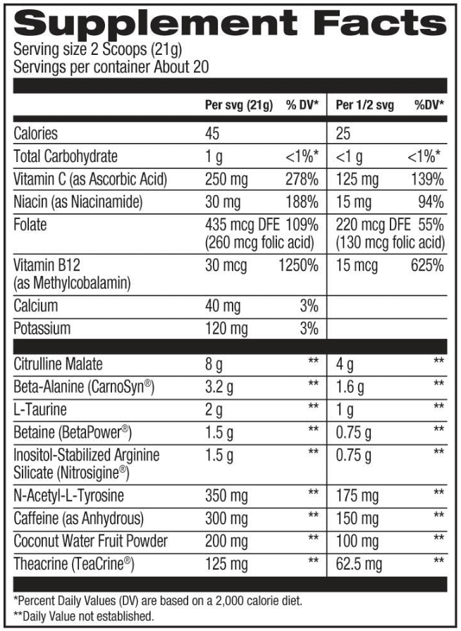Dymatize Pre W.O. Supplement Facts