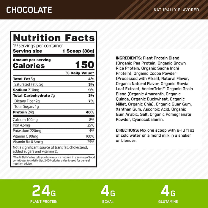 Gold Standard 100% Plant Protein by Optimum Nutrition, Chocolate Supplement Facts