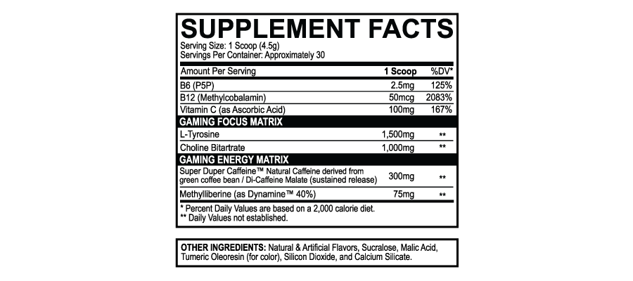 Super Duper Gaming Energy Supplement Facts