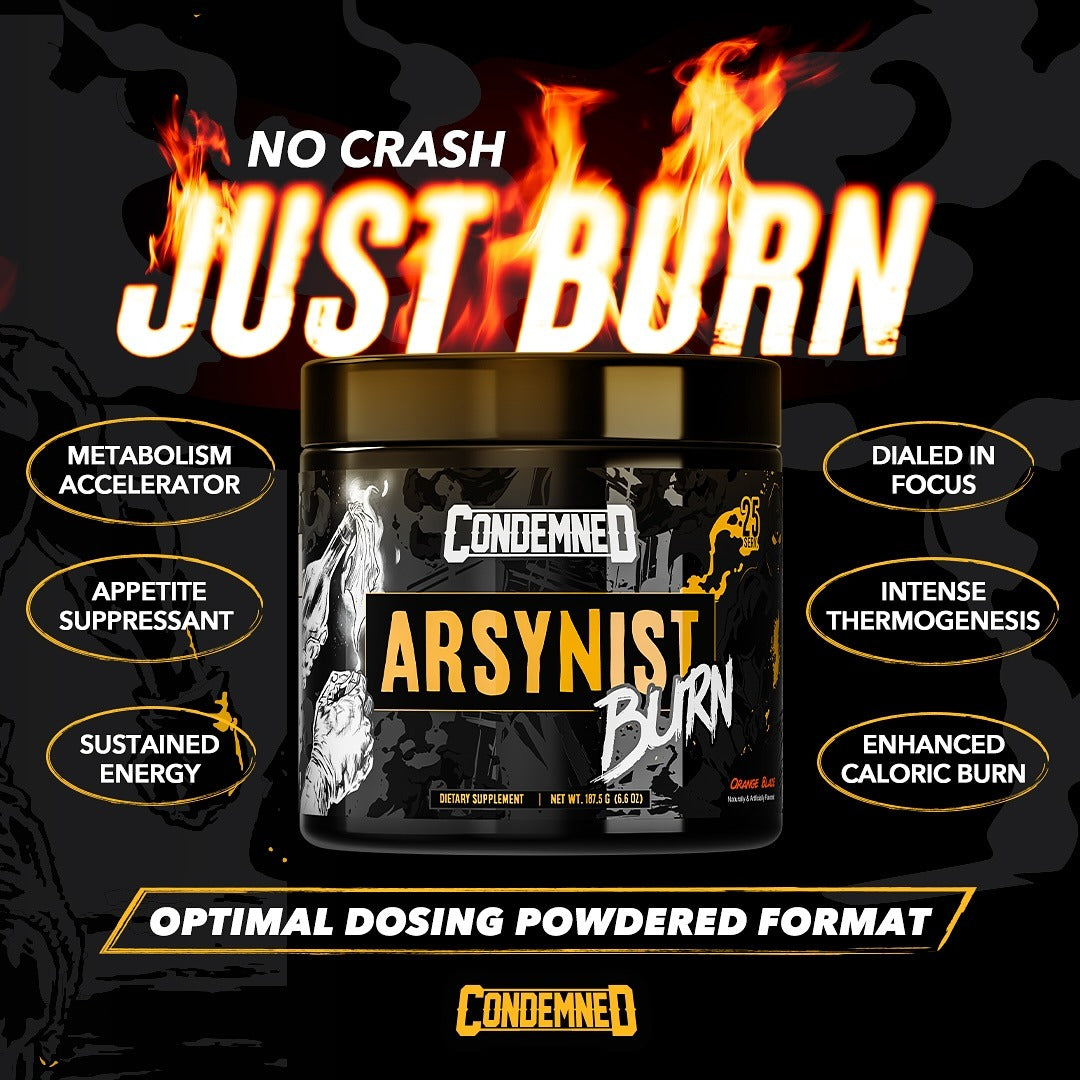 Supplement container labeled 'Arsynist Burn' with fiery text on a dark background