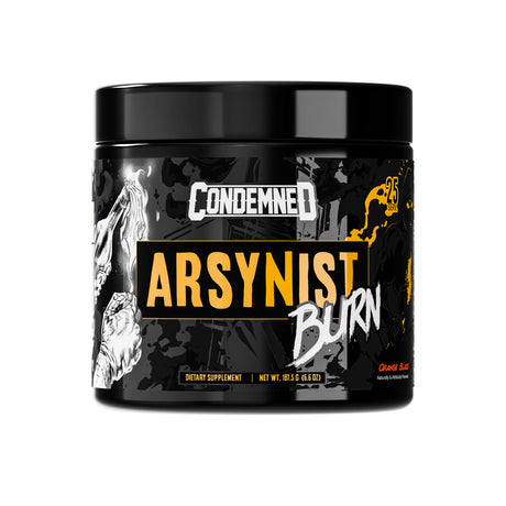 Condemned Labz Arsynist Burn Orange Blaze thermogenic powder container with bold black and orange design.