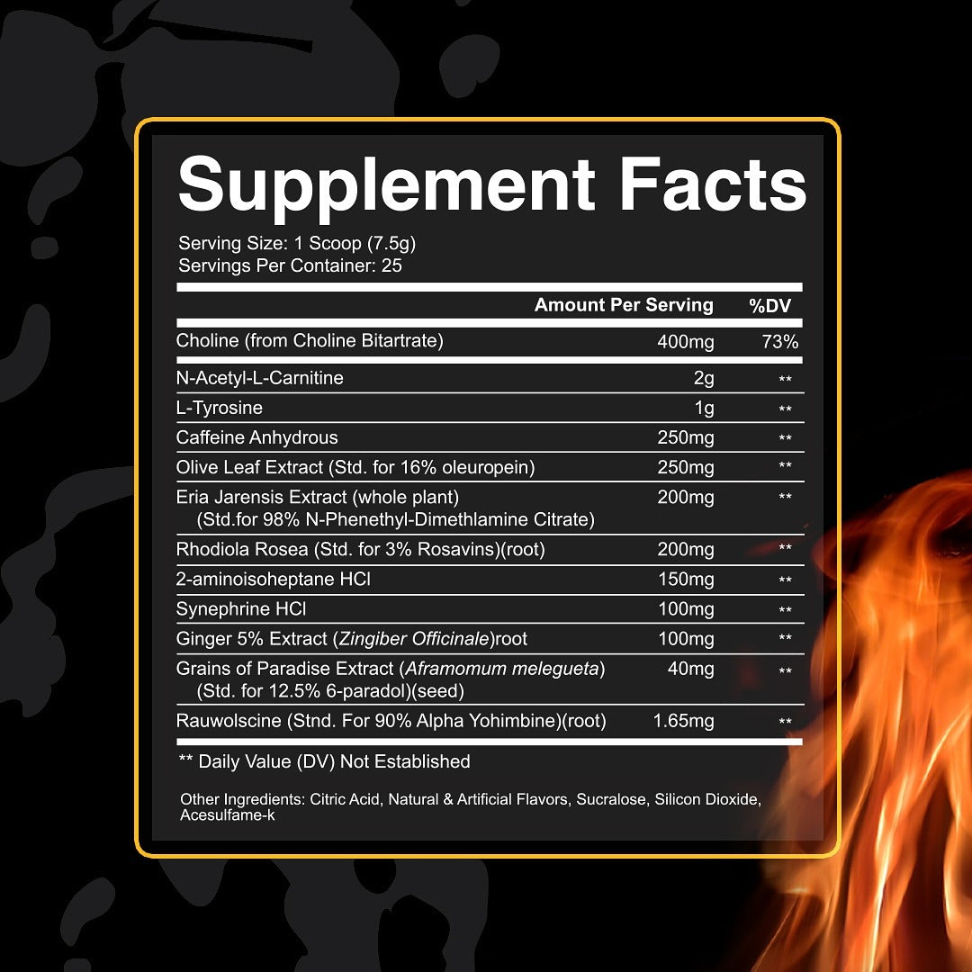 Condemned Labz Arsynist Burn supplement facts label with a fiery background.