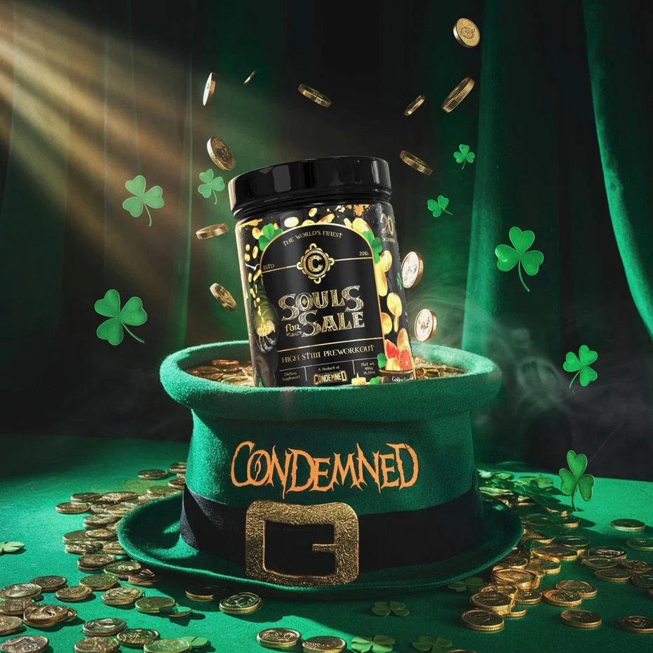 A graphic of Condemned Labz Souls 4 Sale pre-workout in a leprechaun hat