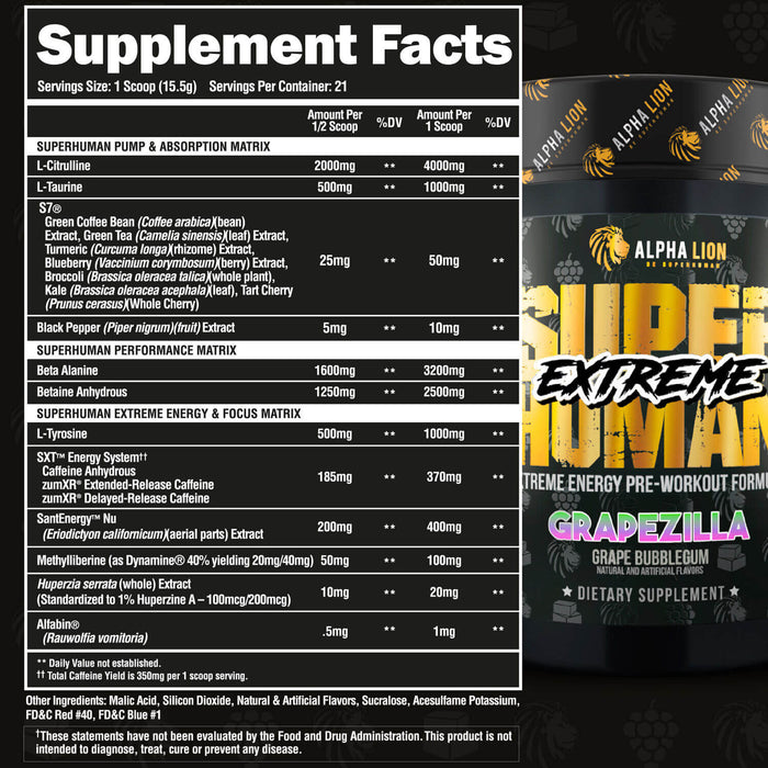 Alpha Lion Superhuman Extreme Pre-Workout  Supplement Facts