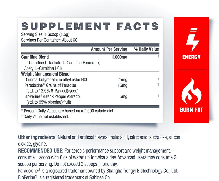 Betancourt Nutrition Plus Series Carnitine Supplement Facts