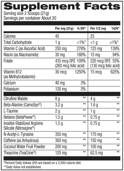 Dymatize Pre W.O. Supplement Facts