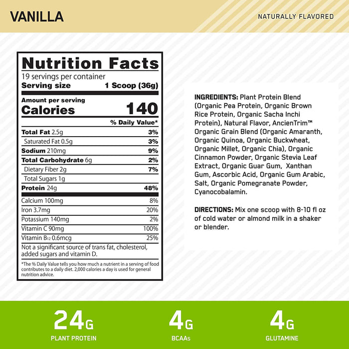 Gold Standard 100% Plant Protein by Optimum Nutrition, Vanilla Supplement Facts