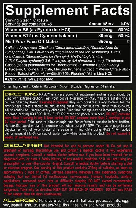 REPP Sports Raze Extreme Thermogenic Fat Burner Supplement Facts Label